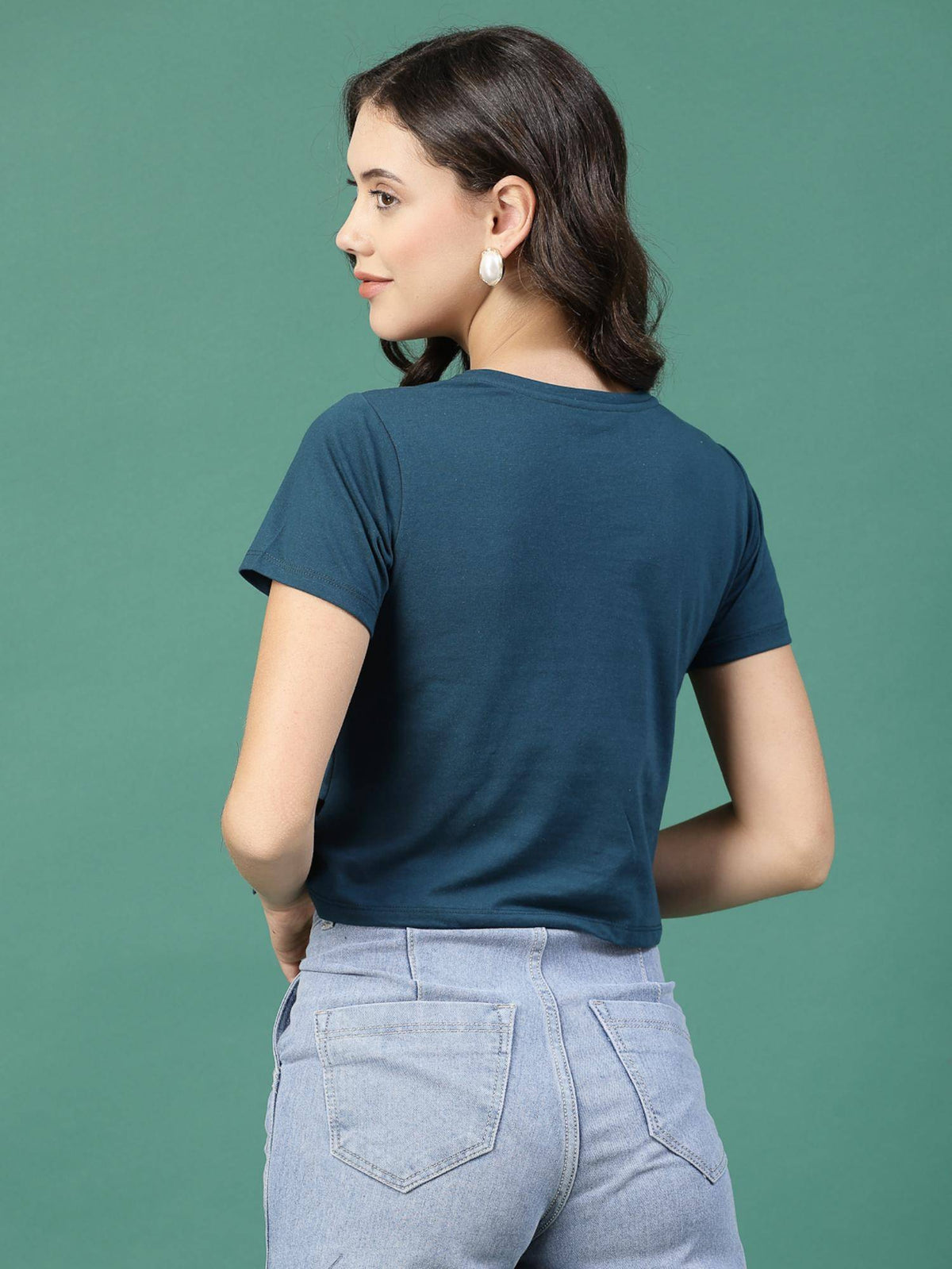Women Teal Solid Short Sleeves Crop Top | CT61 - view 2