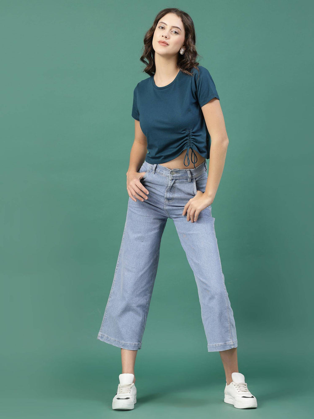 Women Teal Solid Short Sleeves Crop Top | CT61 - view 5