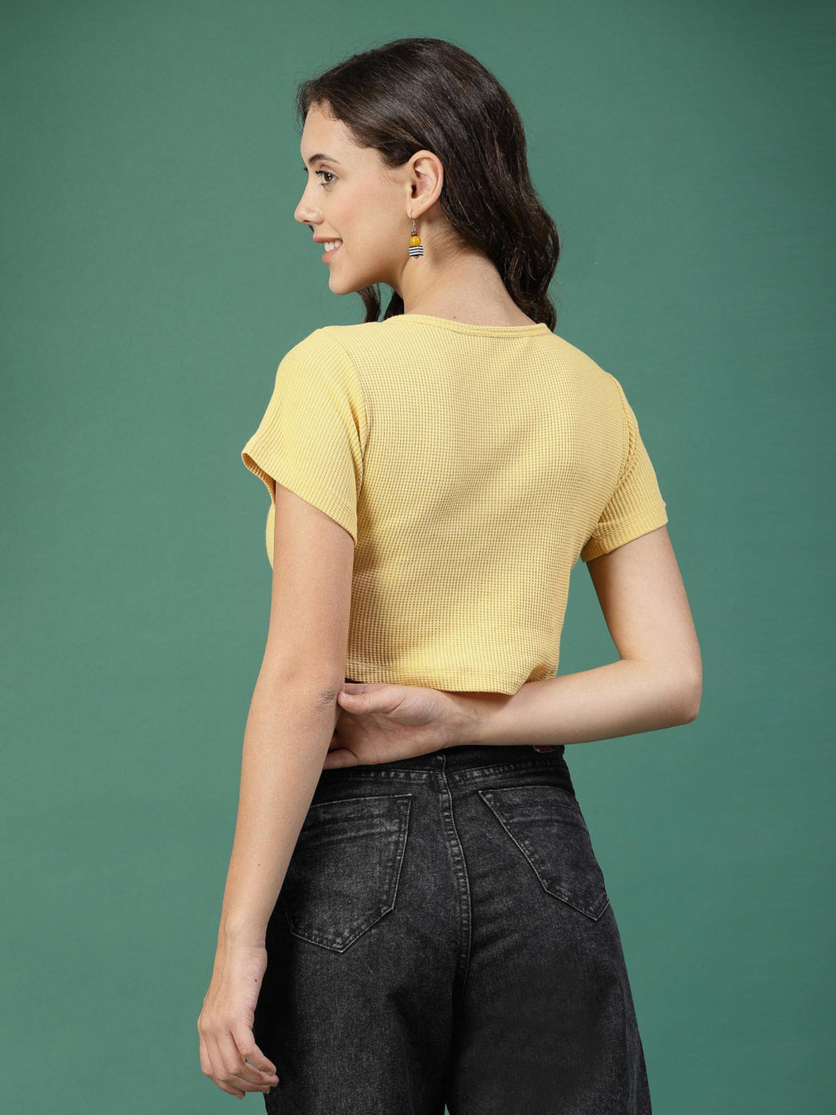 Women Yellow Short Sleeves Crop Top | CT61 - view 2