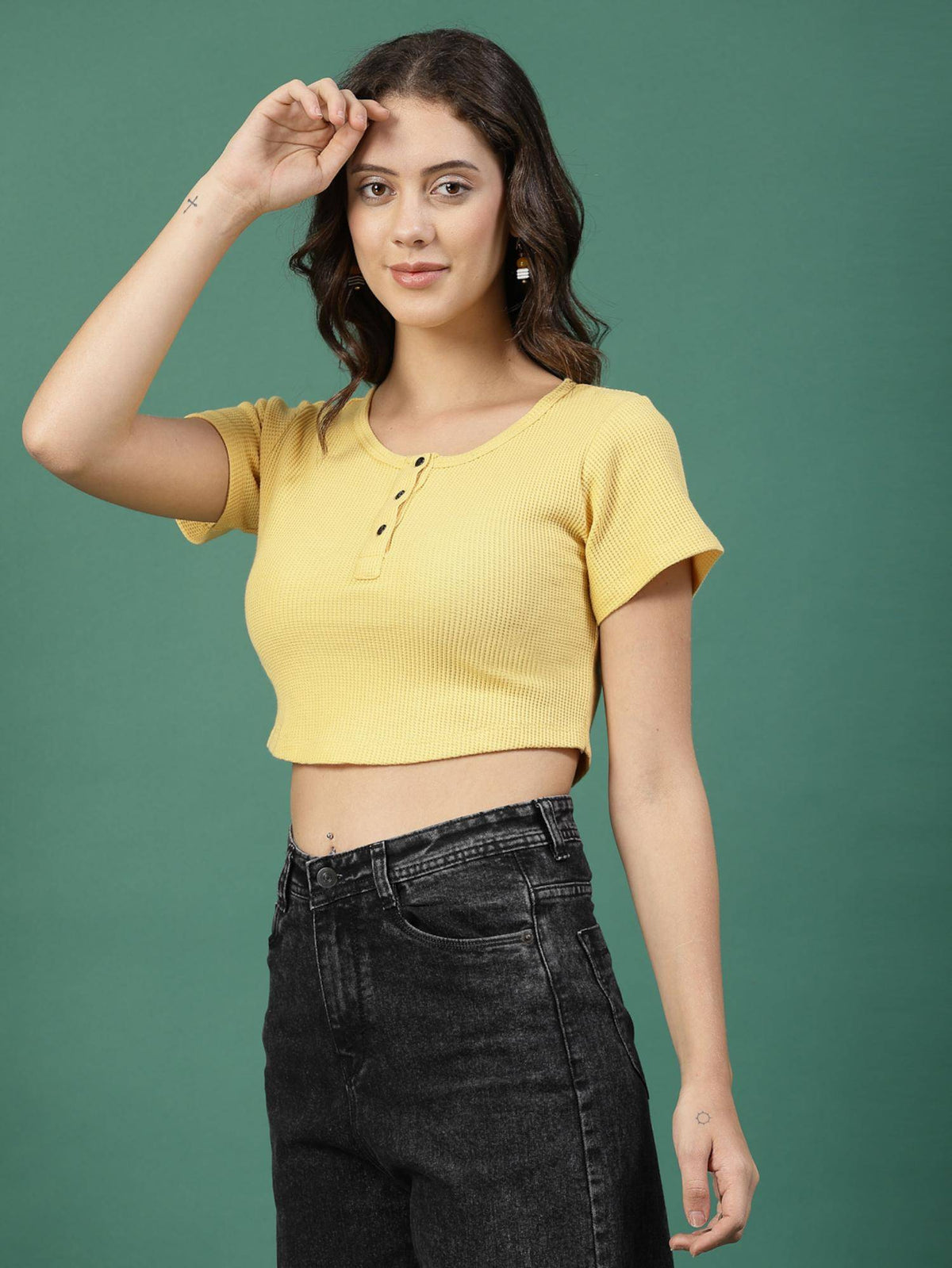 Women Yellow Short Sleeves Crop Top | CT61 - view 3