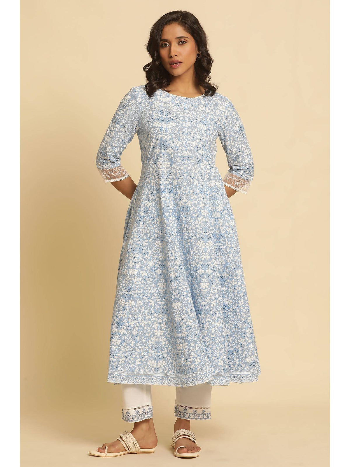 Light Blue Floral Printed Flared Kurta | KDG - view 1