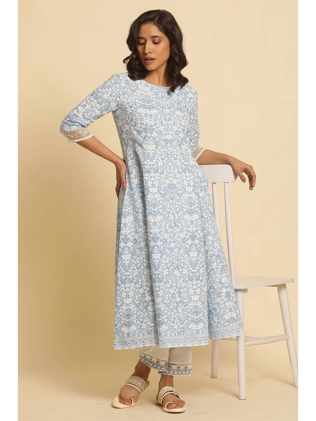 Light Blue Floral Printed Flared Kurta | KDG - view 2
