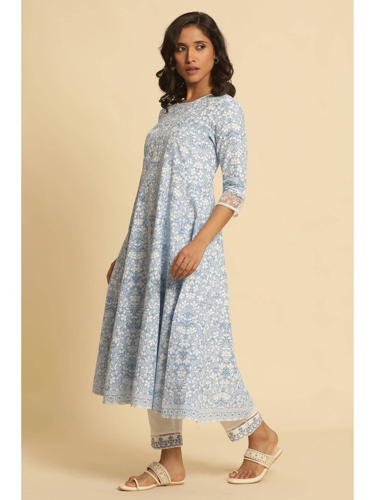 Light Blue Floral Printed Flared Kurta | KDG - view 3