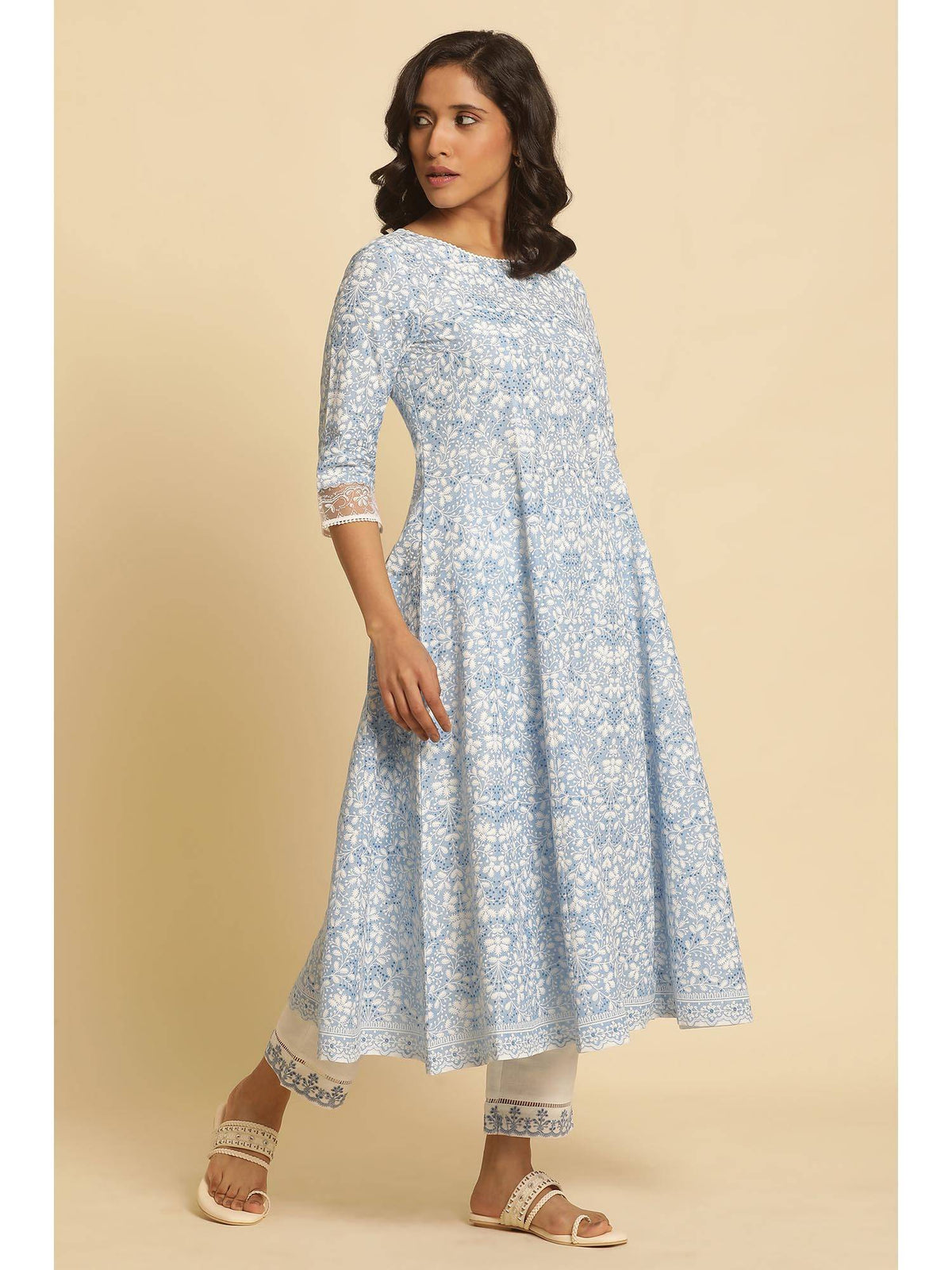 Light Blue Floral Printed Flared Kurta | KDG - view 5