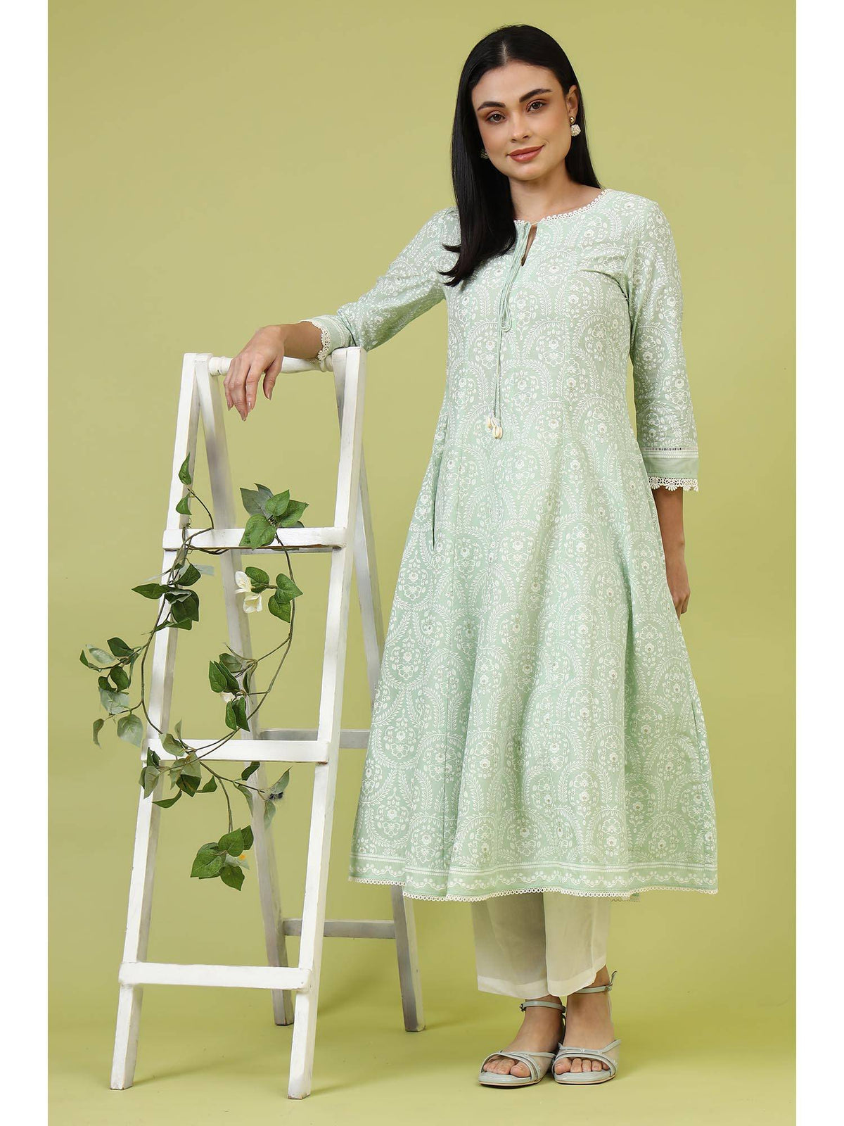 Mint Green Floral Printed Pure Cotton Anarkali Kurta | FY93 - view 1