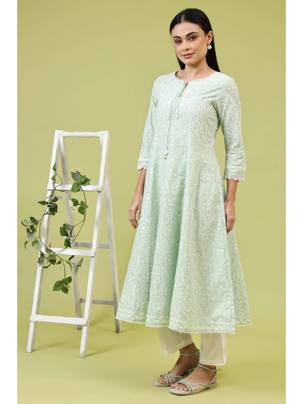 Mint Green Floral Printed Pure Cotton Anarkali Kurta | KDG - view 4