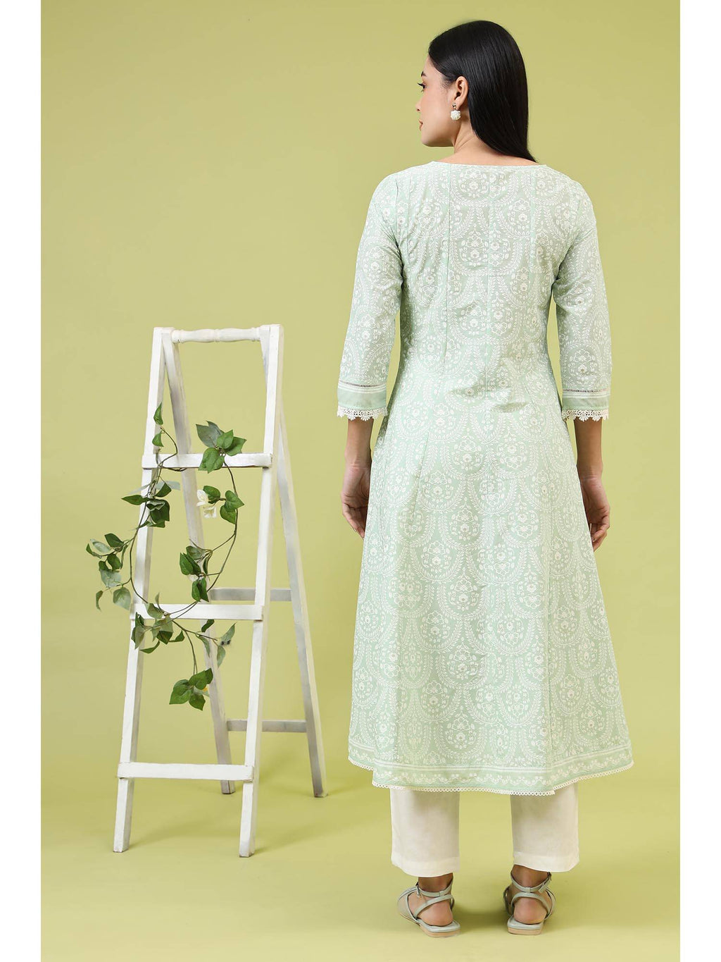 Mint Green Floral Printed Pure Cotton Anarkali Kurta | KDG - view 5