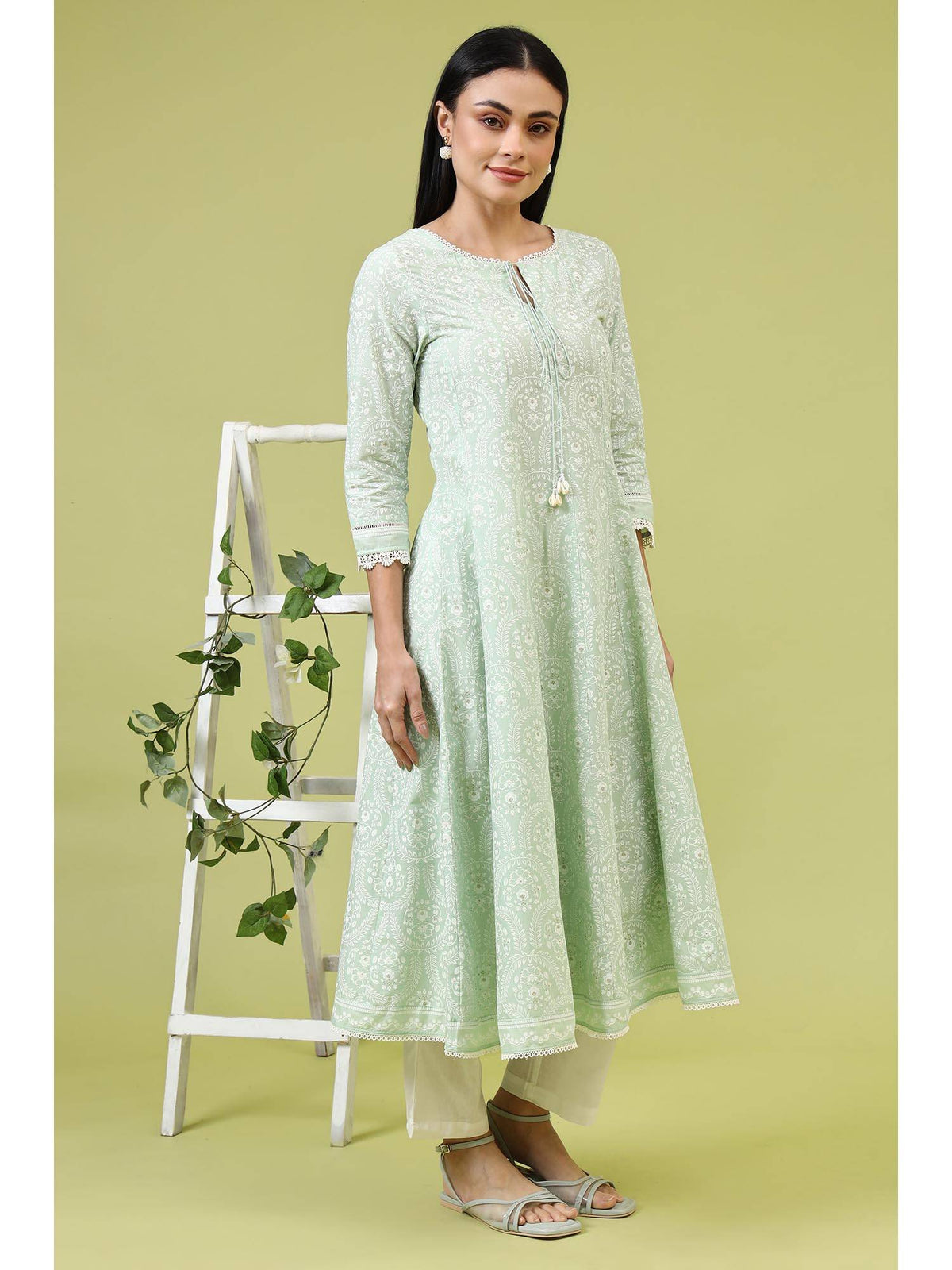 Mint Green Floral Printed Pure Cotton Anarkali Kurta | FY93 - view 6