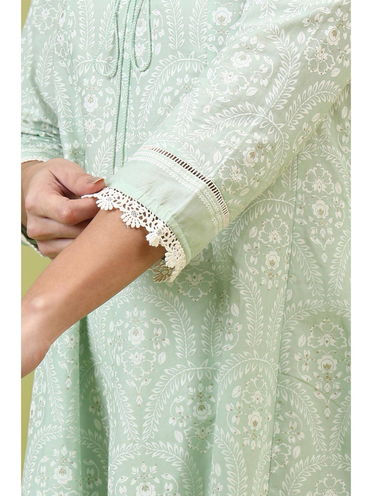 Mint Green Floral Printed Pure Cotton Anarkali Kurta | KDG - view 7