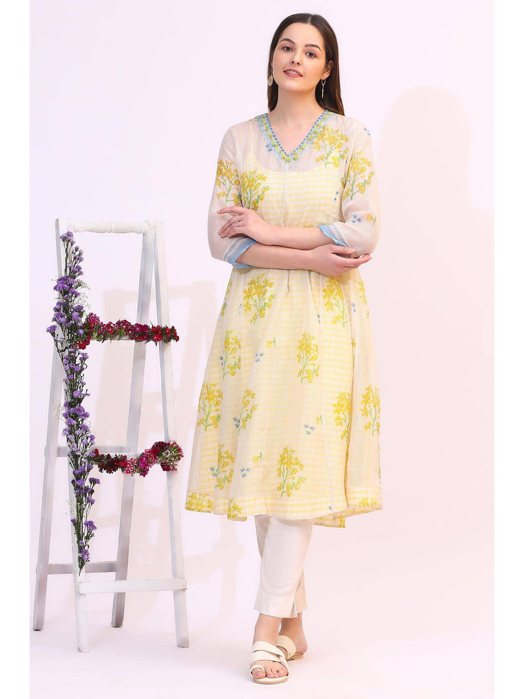 Off White Floral Printed Sequined Kota Layered Kurta | KDG - view 1