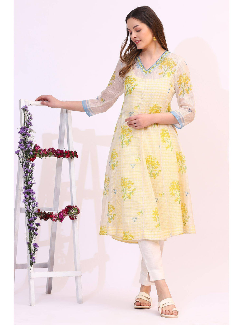 Off White Floral Printed Sequined Kota Layered Kurta | KDG - view 2