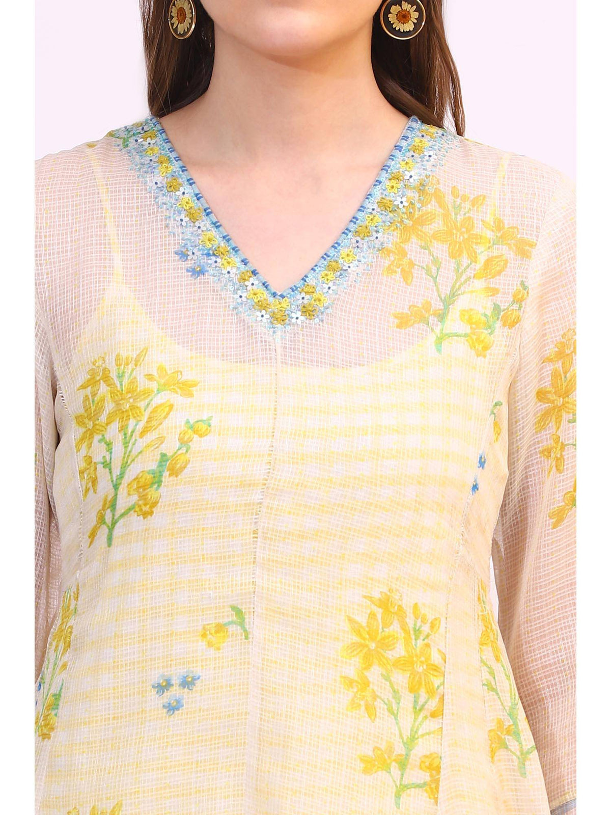 Off White Floral Printed Sequined Kota Layered Kurta | KDG - view 3