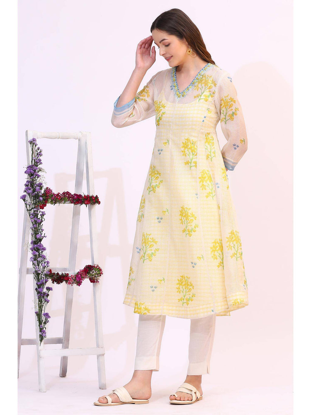 Off White Floral Printed Sequined Kota Layered Kurta | KDG - view 4