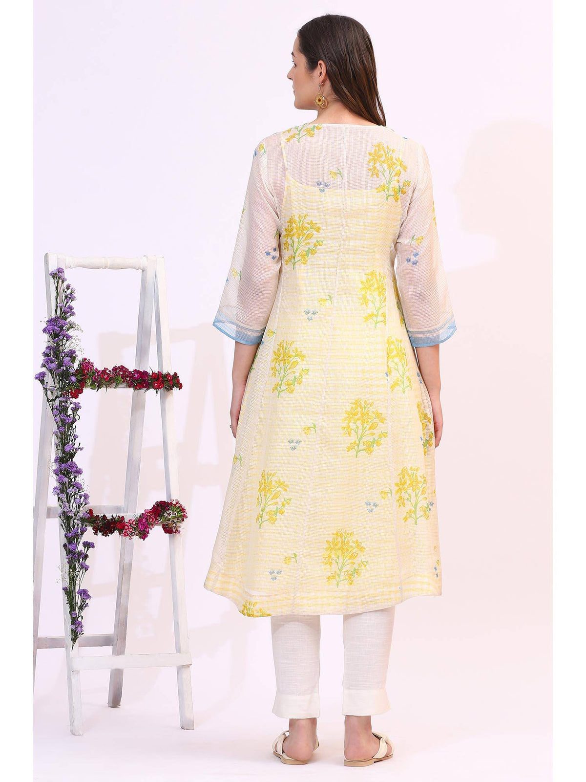 Off White Floral Printed Sequined Kota Layered Kurta | FY93 - view 5