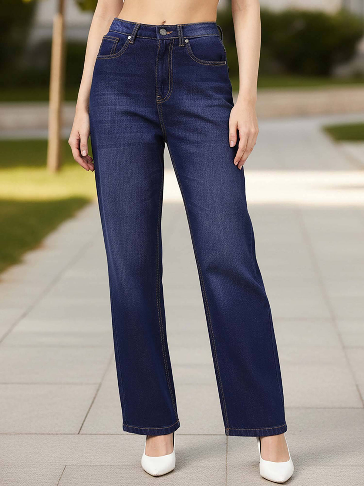 Women's Dark Blue Washed Baggy Straight Fit Jeans | BG78 - view 1