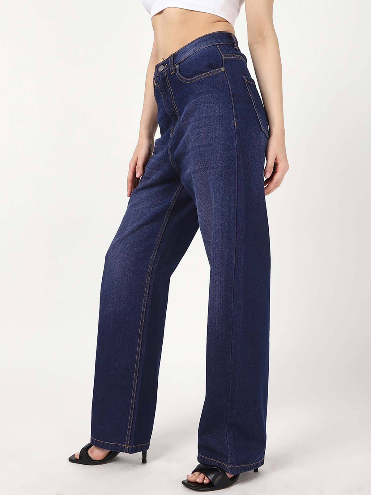 Women's Dark Blue Washed Baggy Straight Fit Jeans | BG78 - view 2