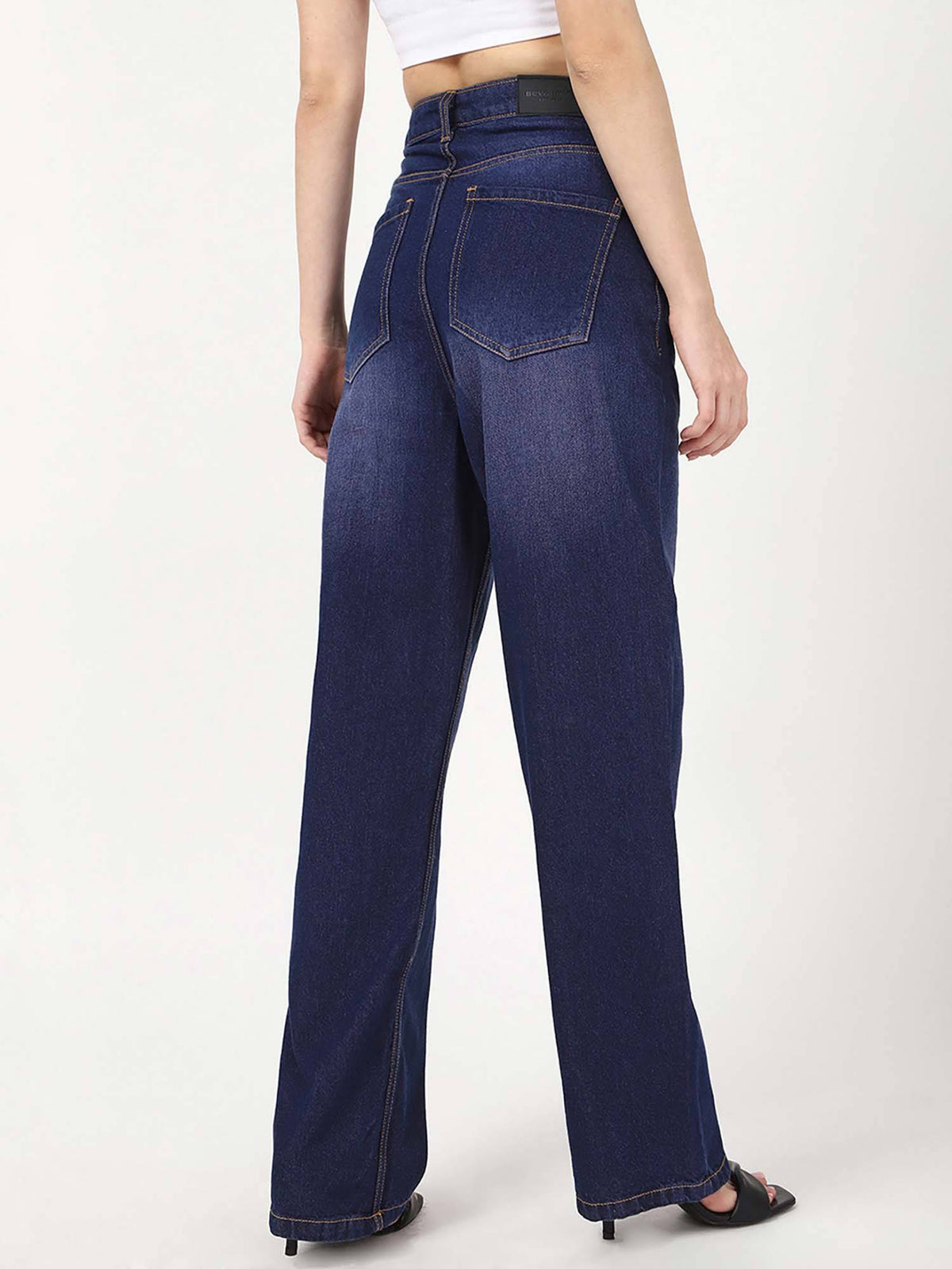 Women's Dark Blue Washed Baggy Straight Fit Jeans | BG78 - view 3