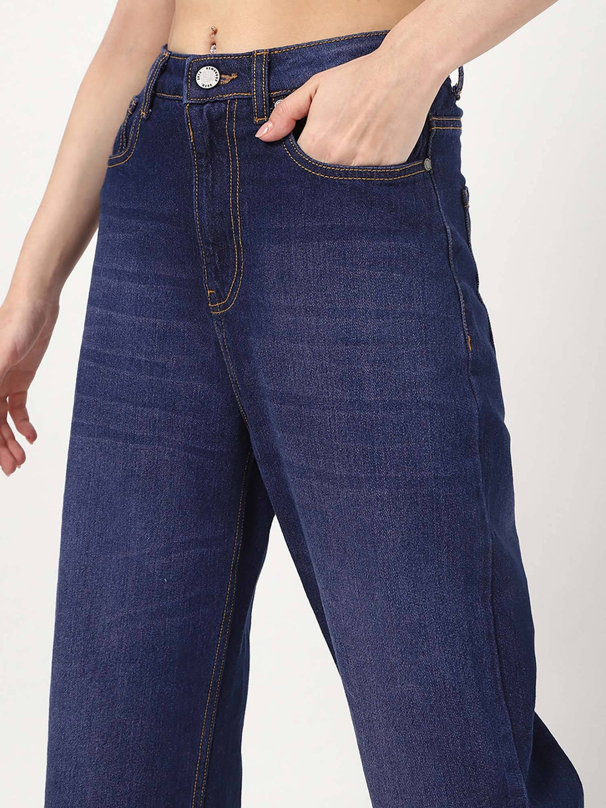 Women's Dark Blue Washed Baggy Straight Fit Jeans | BG78 - view 5