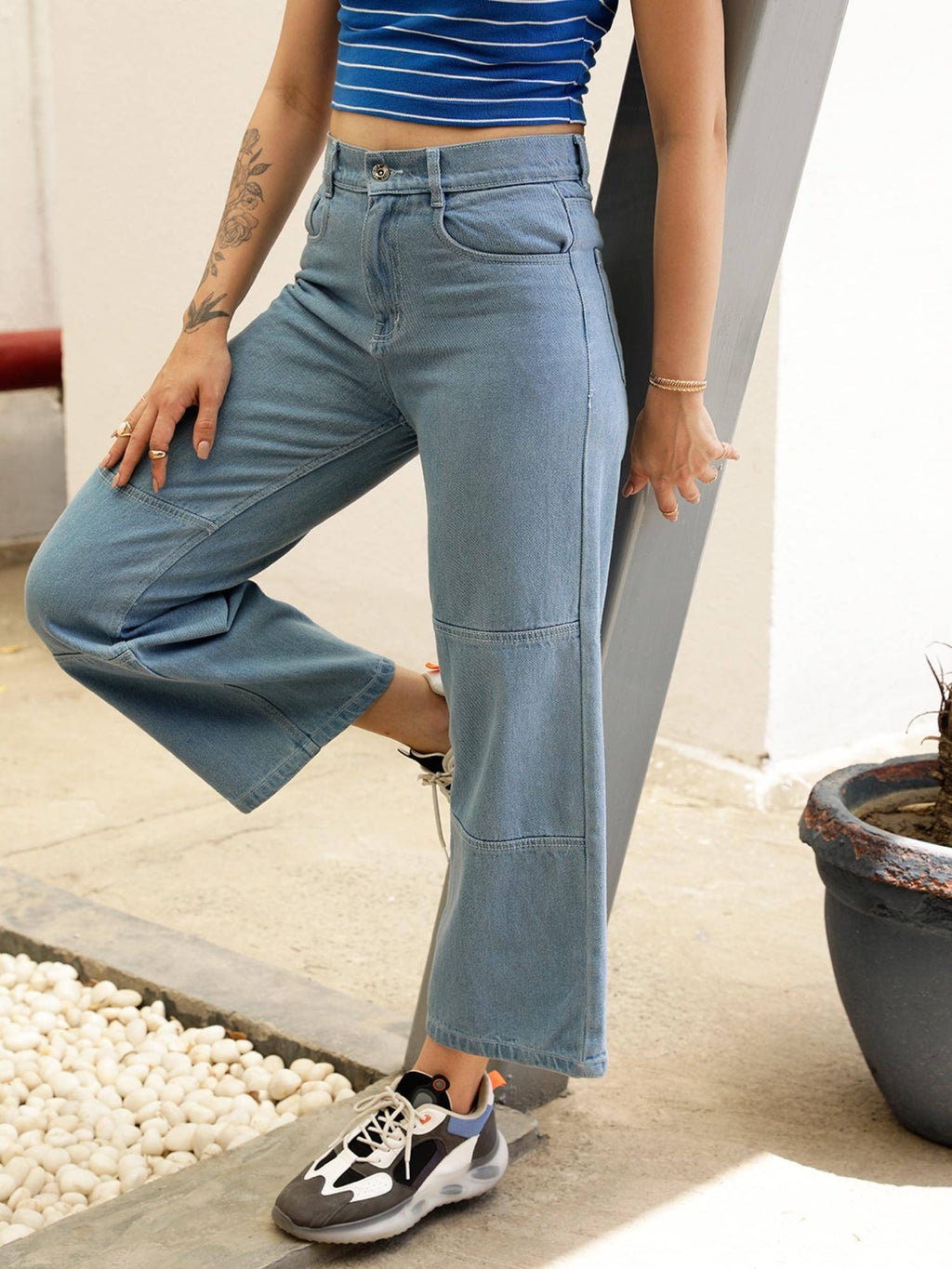 Blue Solid Plain Wide Fit Jeans | BG78 - view 2