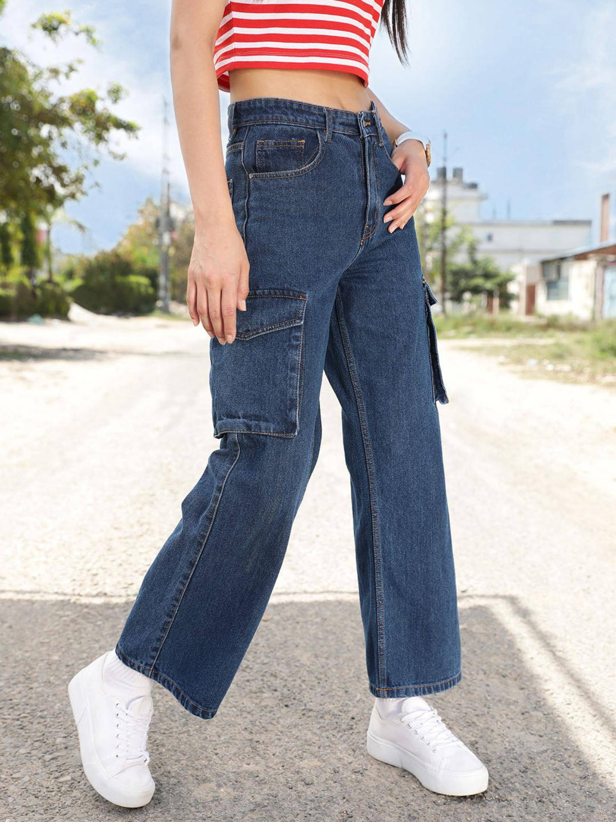 Navy Blue Solid Plain Straight Fit Jeans | ST23 - view 3