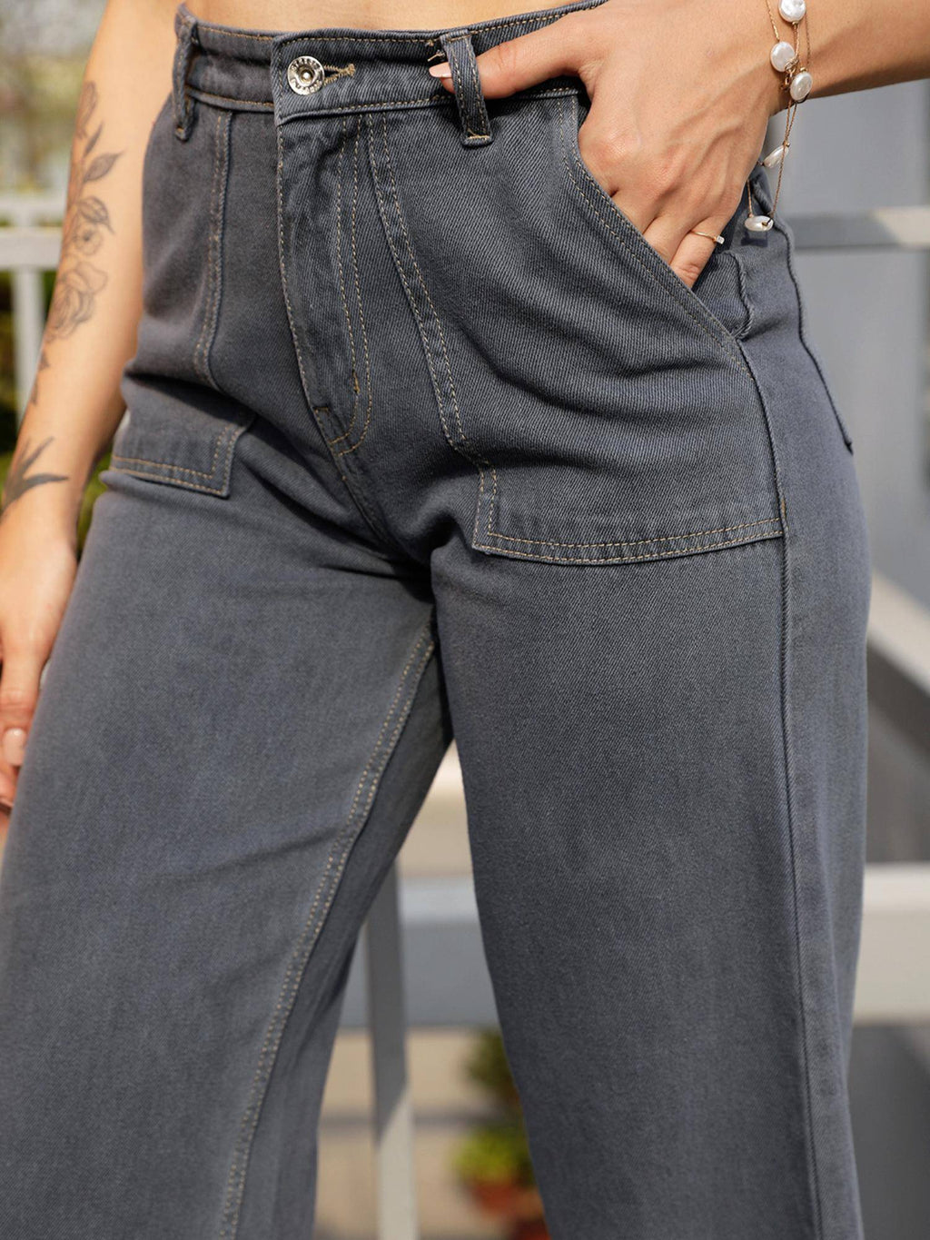 Grey Solid Plain Straight Fit Jeans | ST23 - view 3