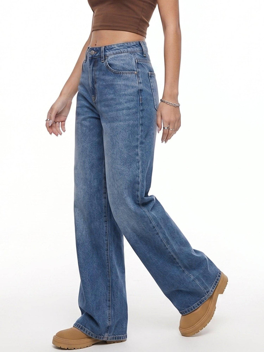 Blue Solid Plain Wide Fit Jeans | WL90 - view 3