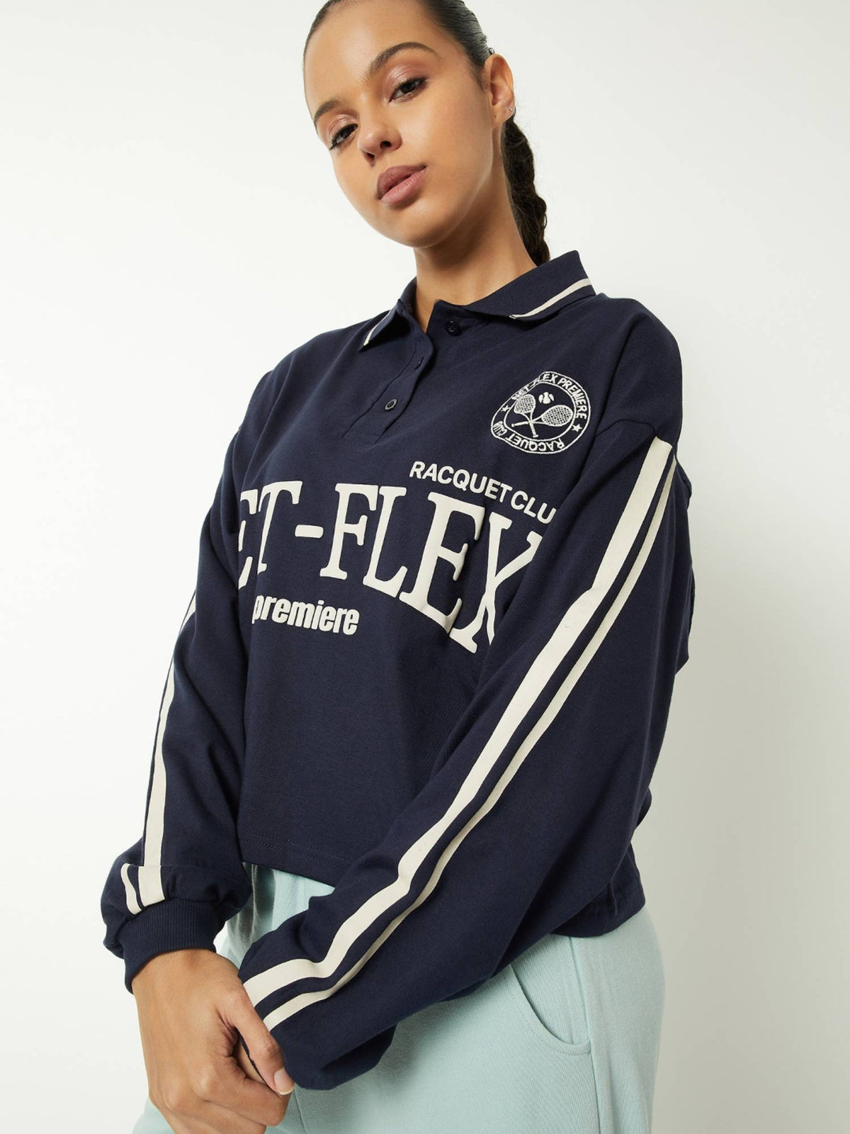 Women Navy Blue Typography Boxy Fit Polo T-shirt | PW43 - view 1