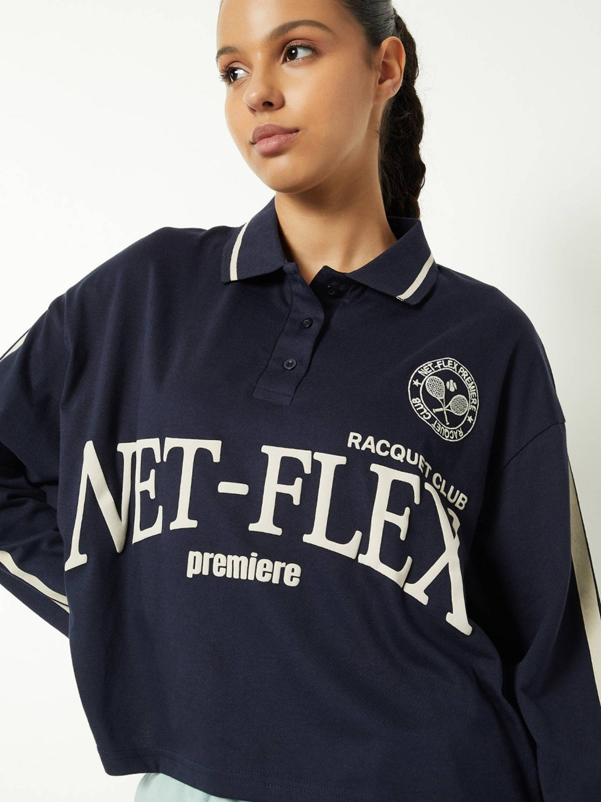 Women Navy Blue Typography Boxy Fit Polo T-shirt | PW43 - view 3