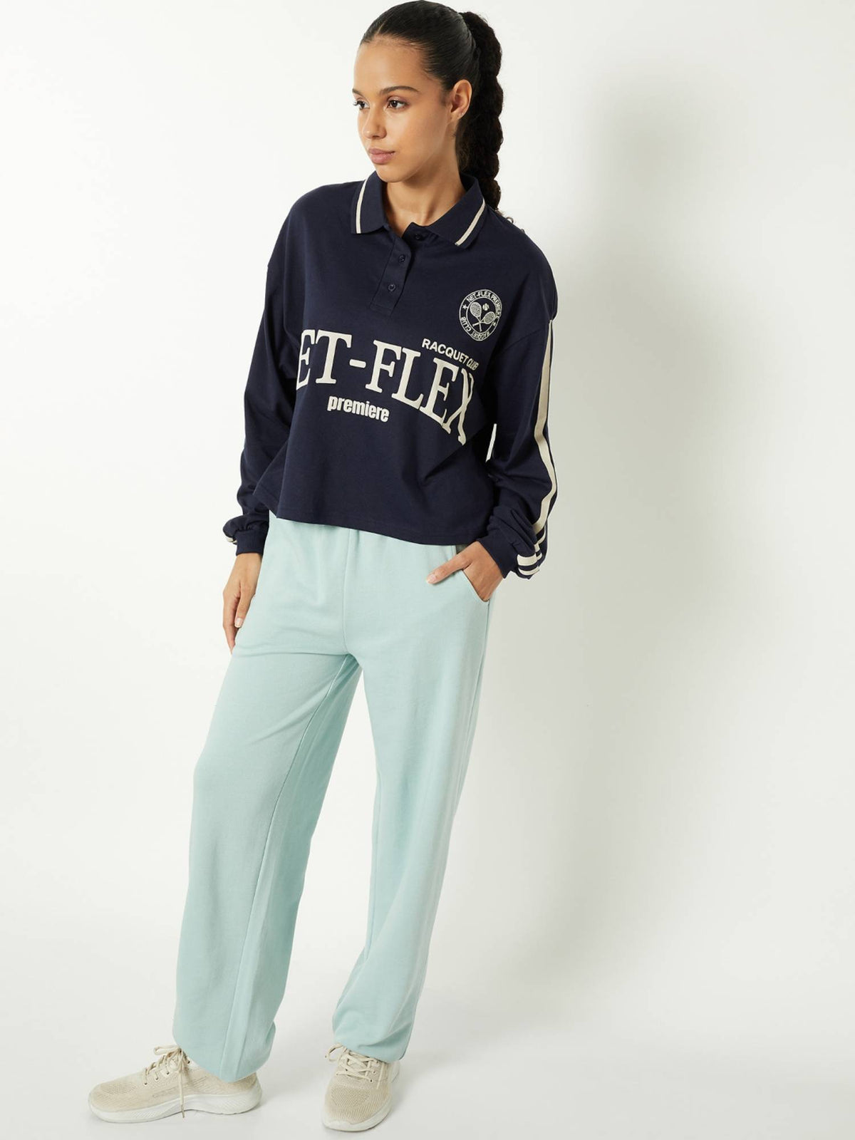 Women Navy Blue Typography Boxy Fit Polo T-shirt | PW43 - view 4