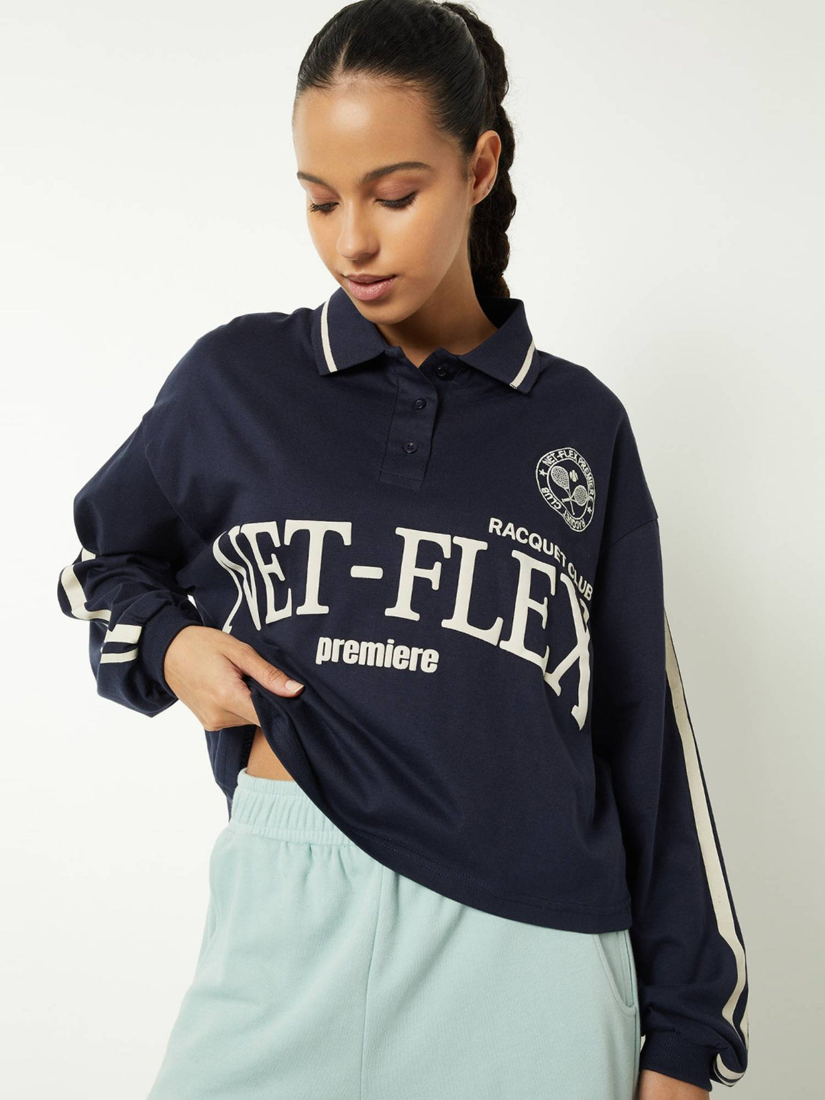 Women Navy Blue Typography Boxy Fit Polo T-shirt | PW43 - view 5