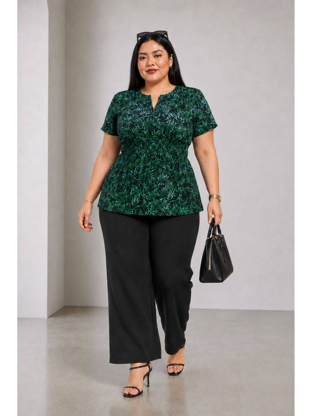 Green Tropical Viscose Fitted Waist Peplum Plus Size Top | pt51 - view 1