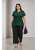 Green Tropical Viscose Fitted Waist Peplum Plus Size Top | pt51 - view 1