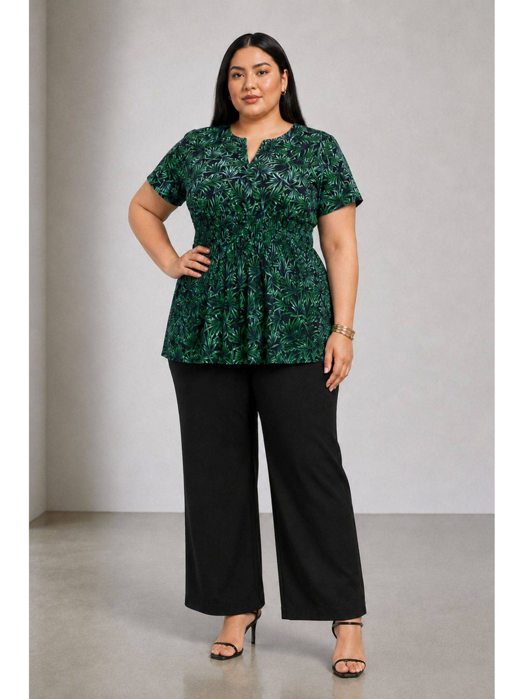 Green Tropical Viscose Fitted Waist Peplum Plus Size Top | pt51 - view 2