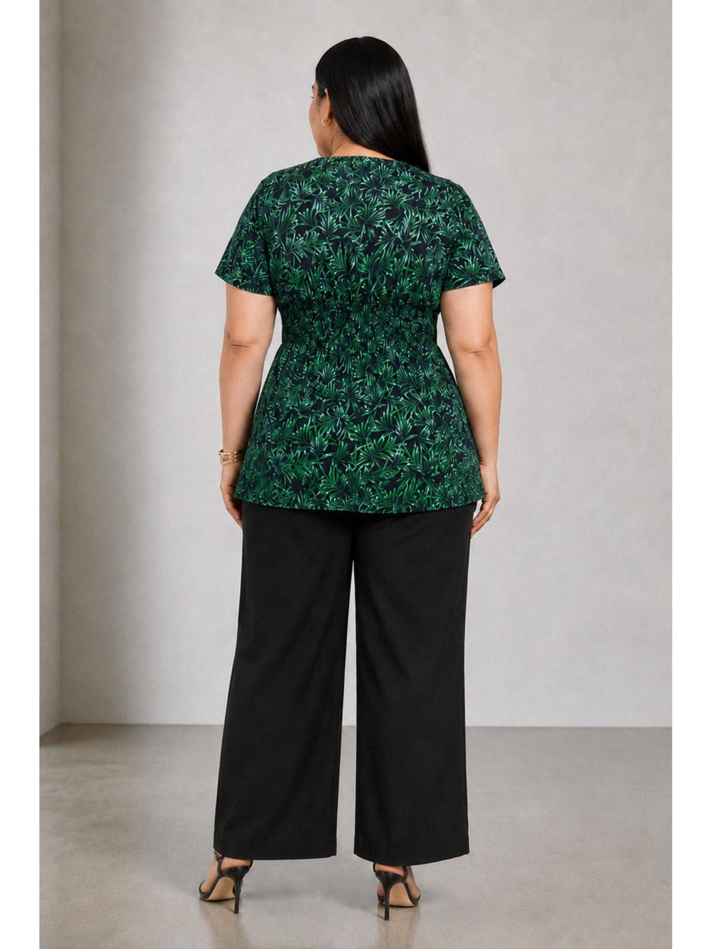 Green Tropical Viscose Fitted Waist Peplum Plus Size Top | pt51 - view 4