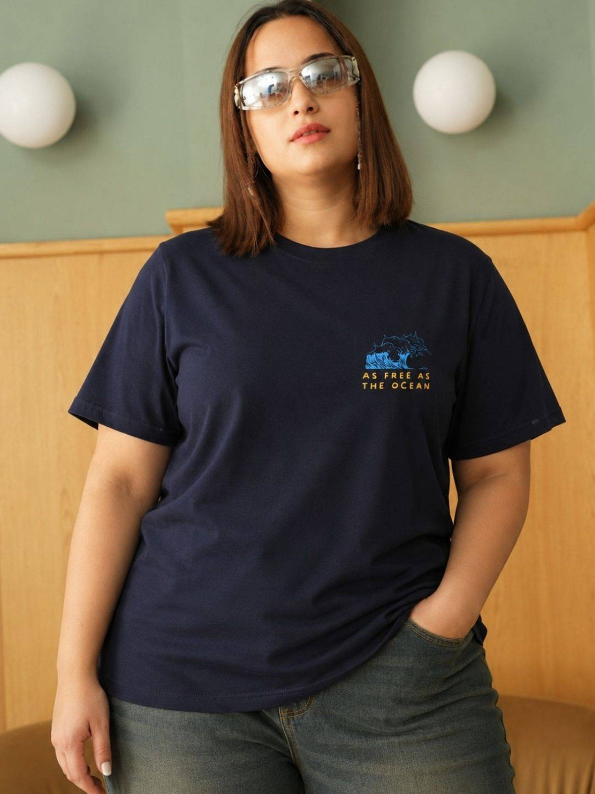 Women Plus Size Navy Cotton Round Neck Casual T-Shirt | TS56 - view 1