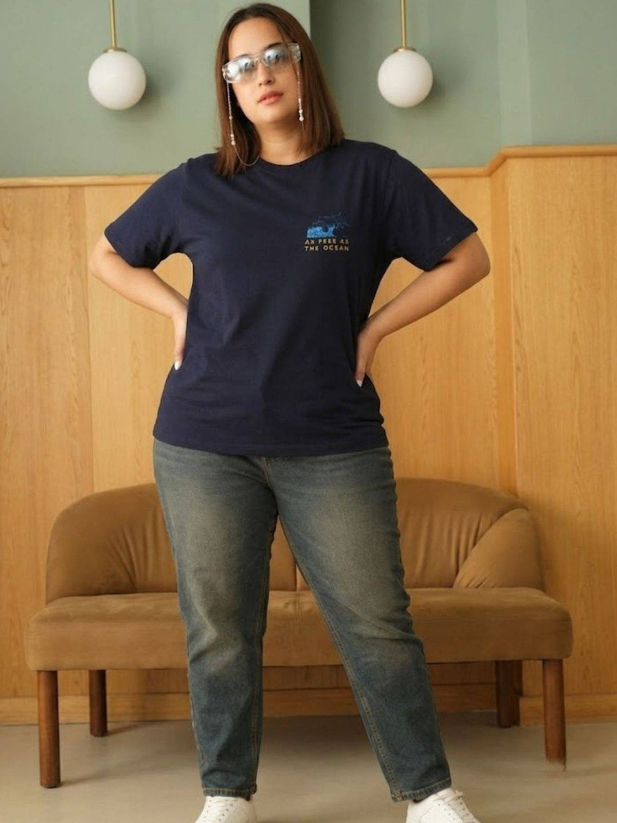 Women Plus Size Navy Cotton Round Neck Casual T-Shirt | TS56 - view 2