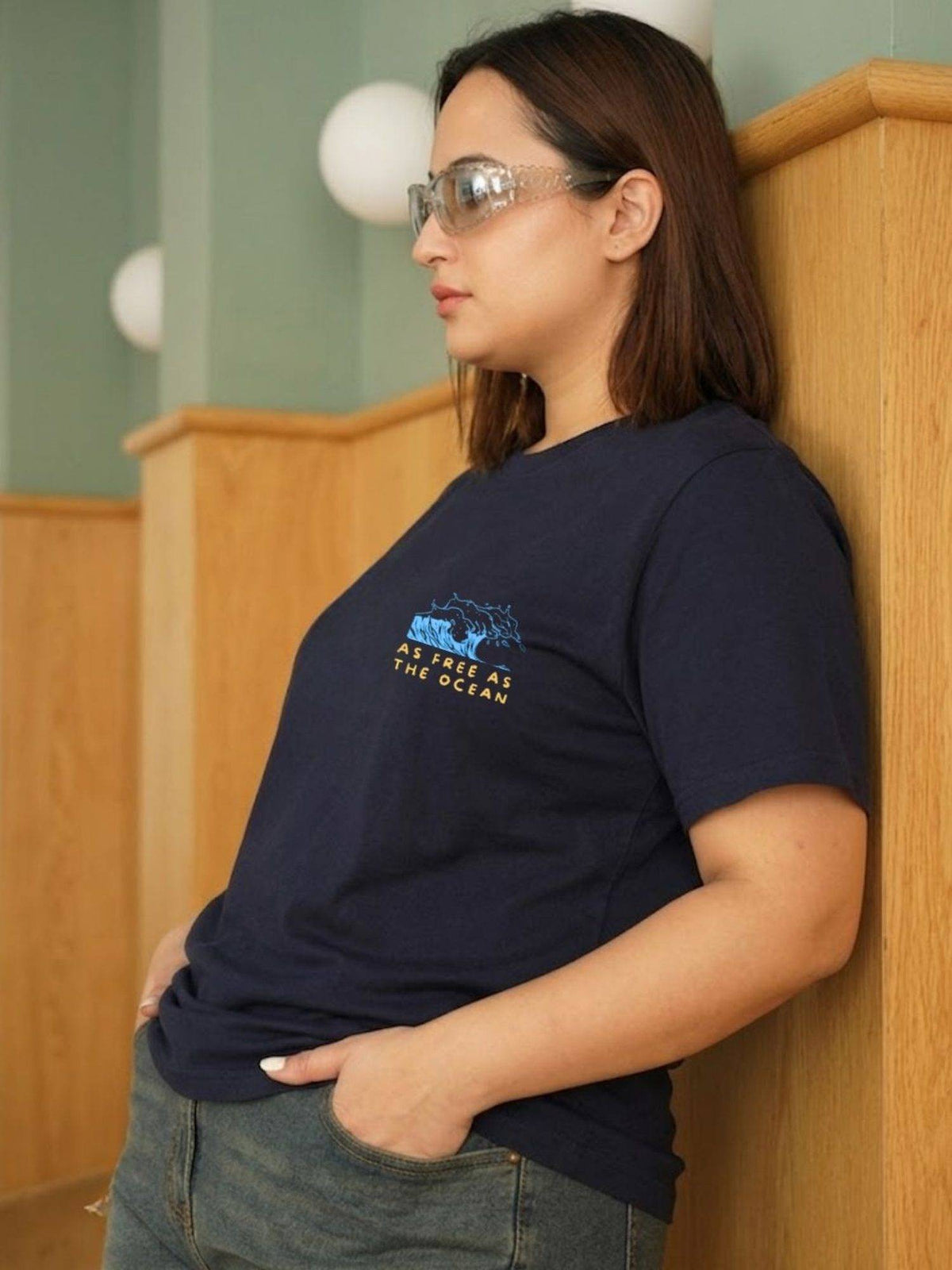 Women Plus Size Navy Cotton Round Neck Casual T-Shirt | TS56 - view 3