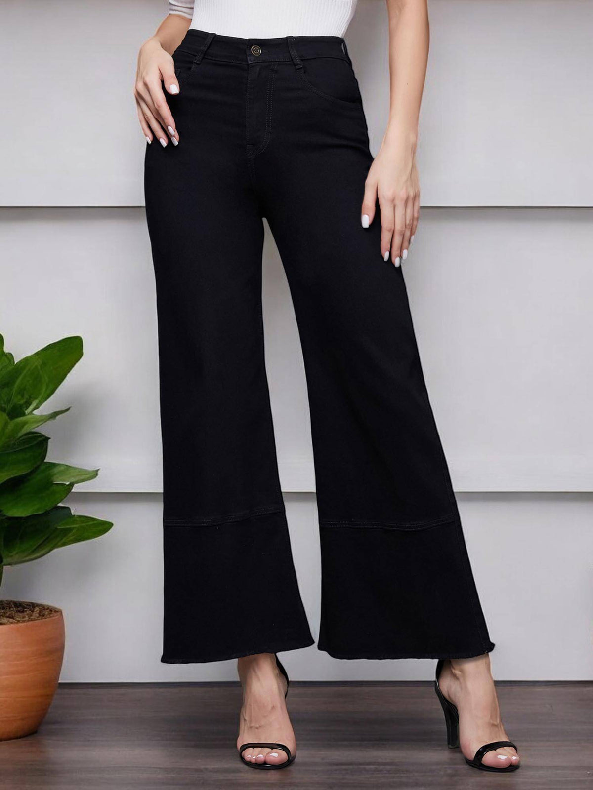 Womens Black Wide Leg High Rise Regular-Length Stretchable Denim Jeans | RF89 - view 1