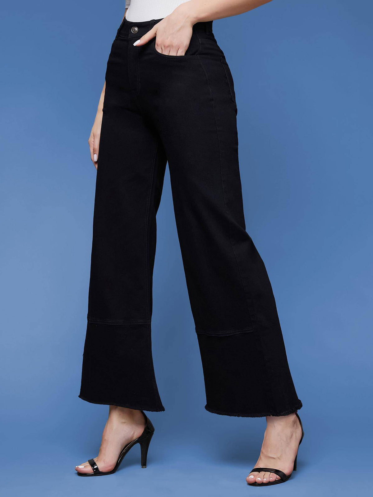 Womens Black Wide Leg High Rise Regular-Length Stretchable Denim Jeans | RF89 - view 2