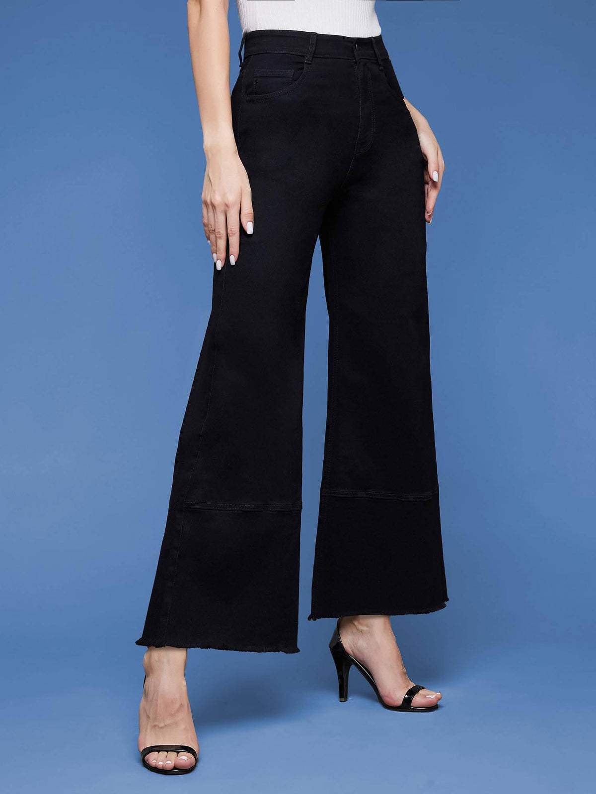 Womens Black Wide Leg High Rise Regular-Length Stretchable Denim Jeans | RF89 - view 3