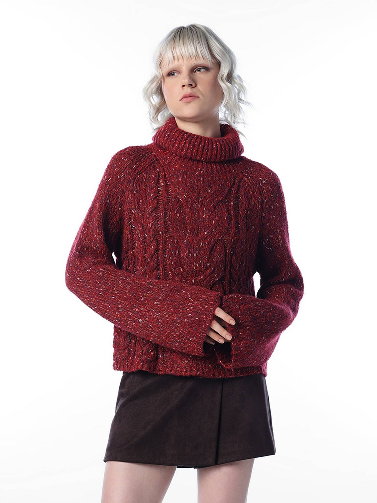 Women Self Design Regular Fit Red Sweater | O24 - view 1