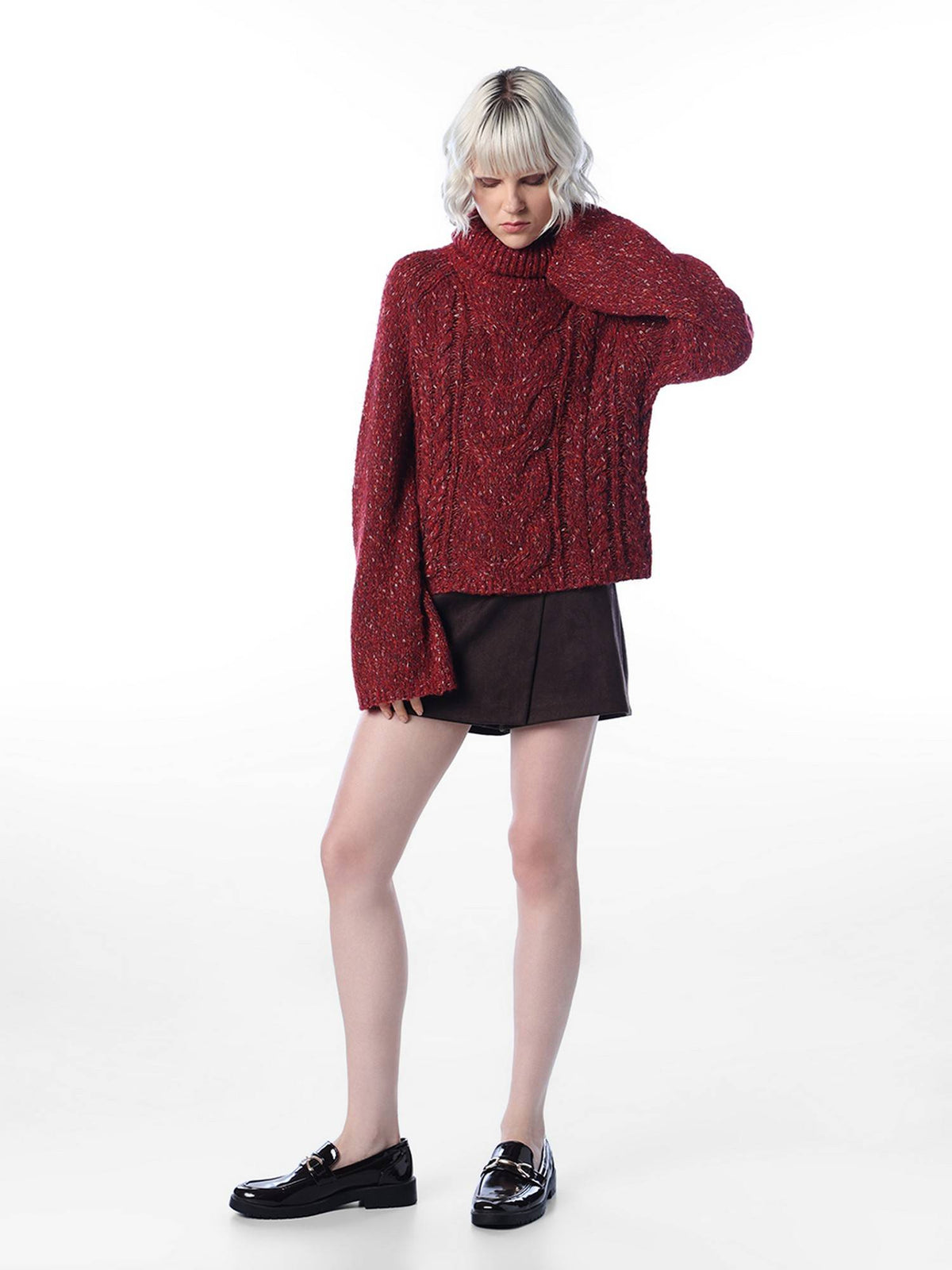 Women Self Design Regular Fit Red Sweater | O24 - view 2