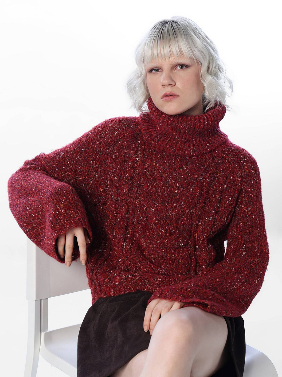 Women Self Design Regular Fit Red Sweater | O24 - view 3