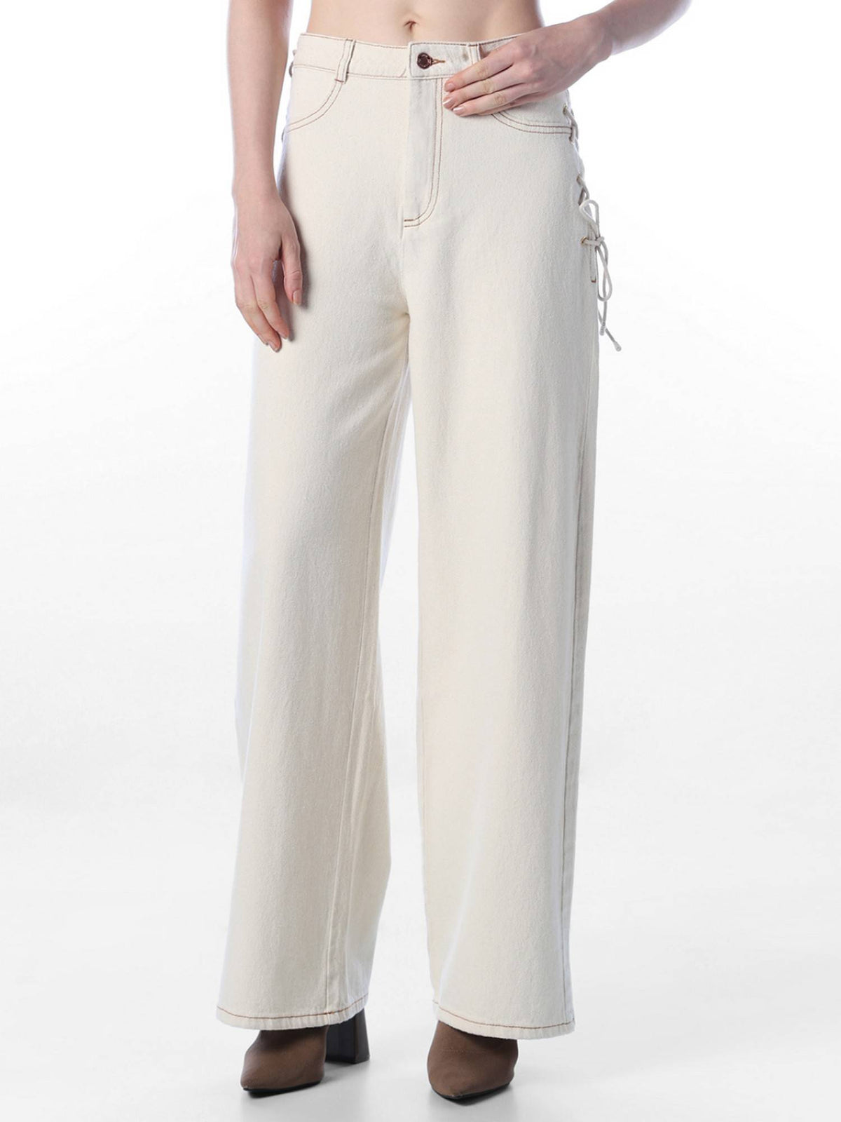 Women Solid Wide Leg High Rise White Jeans | WL90 - view 1
