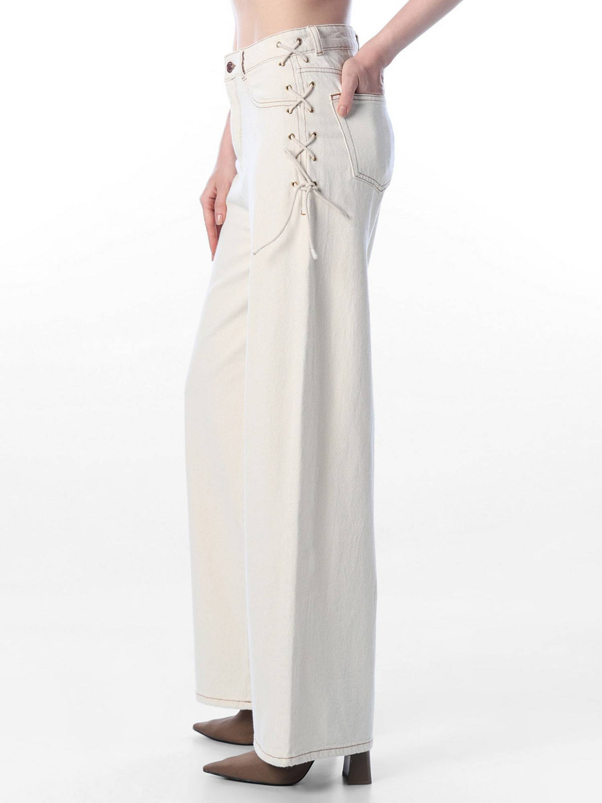 Women Solid Wide Leg High Rise White Jeans | WL90 - view 4