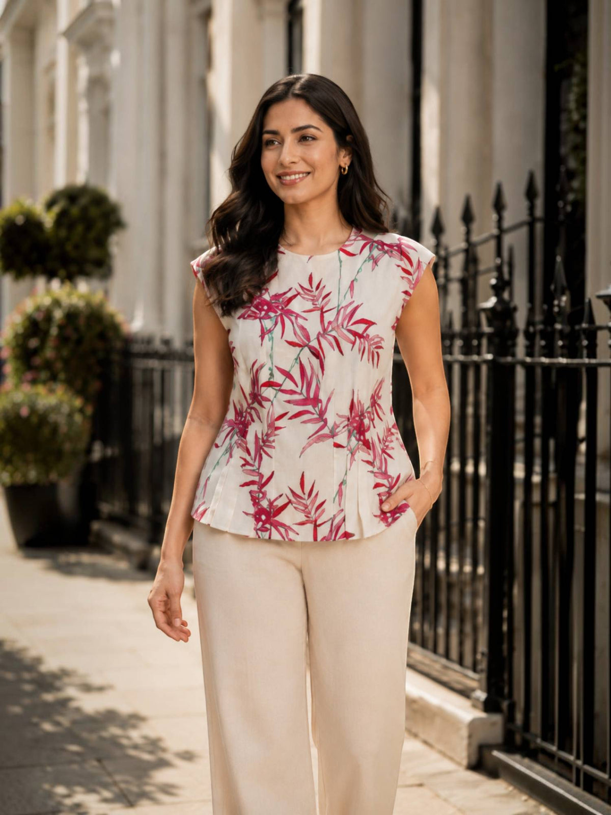 White Floral Print Short Sleeve Peplum Top | pt51 - view 1