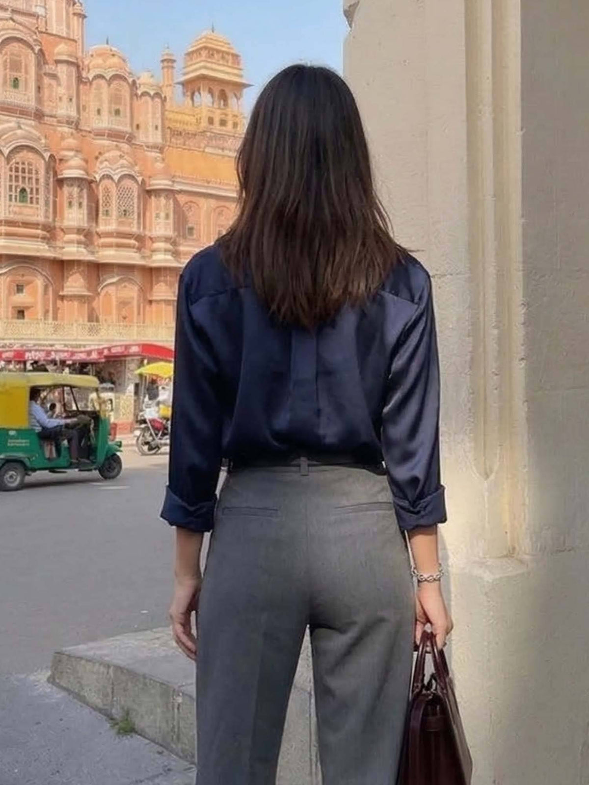 Women's Navy Blue Luxe Satin Button-Down Shirt | S67 - view 2