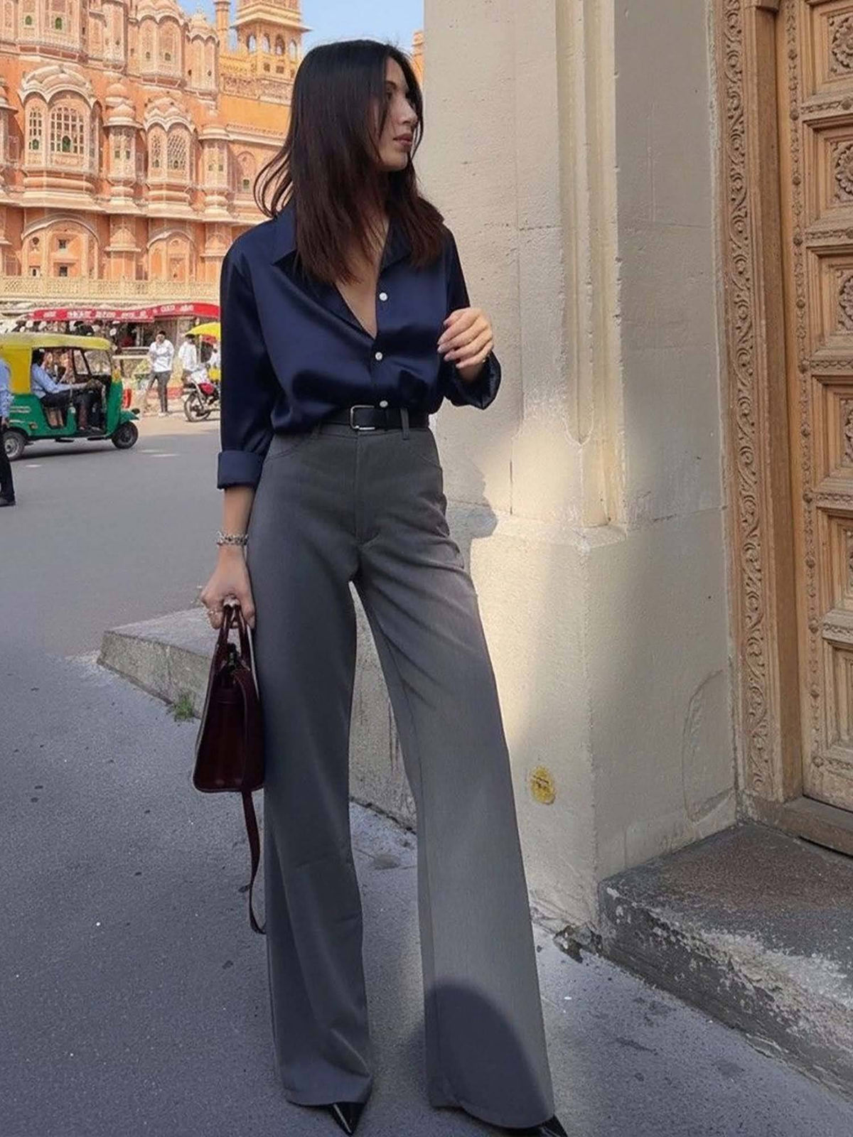 Women's Navy Blue Luxe Satin Button-Down Shirt | S67 - view 4