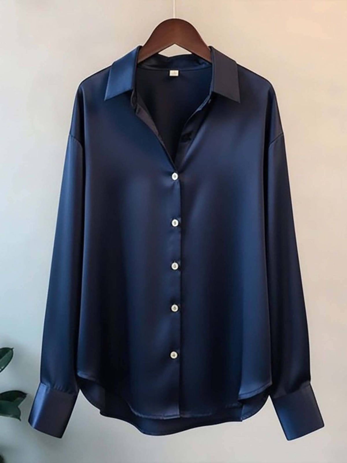 Women's Navy Blue Luxe Satin Button-Down Shirt | S67 - view 5