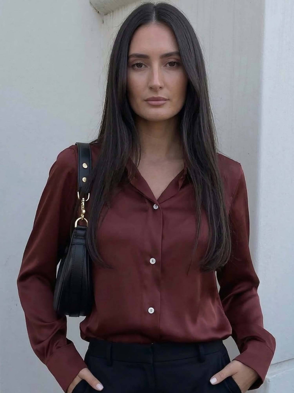 Women's Navy Blue Luxe Satin Button-Down Shirt | S67 - view 11